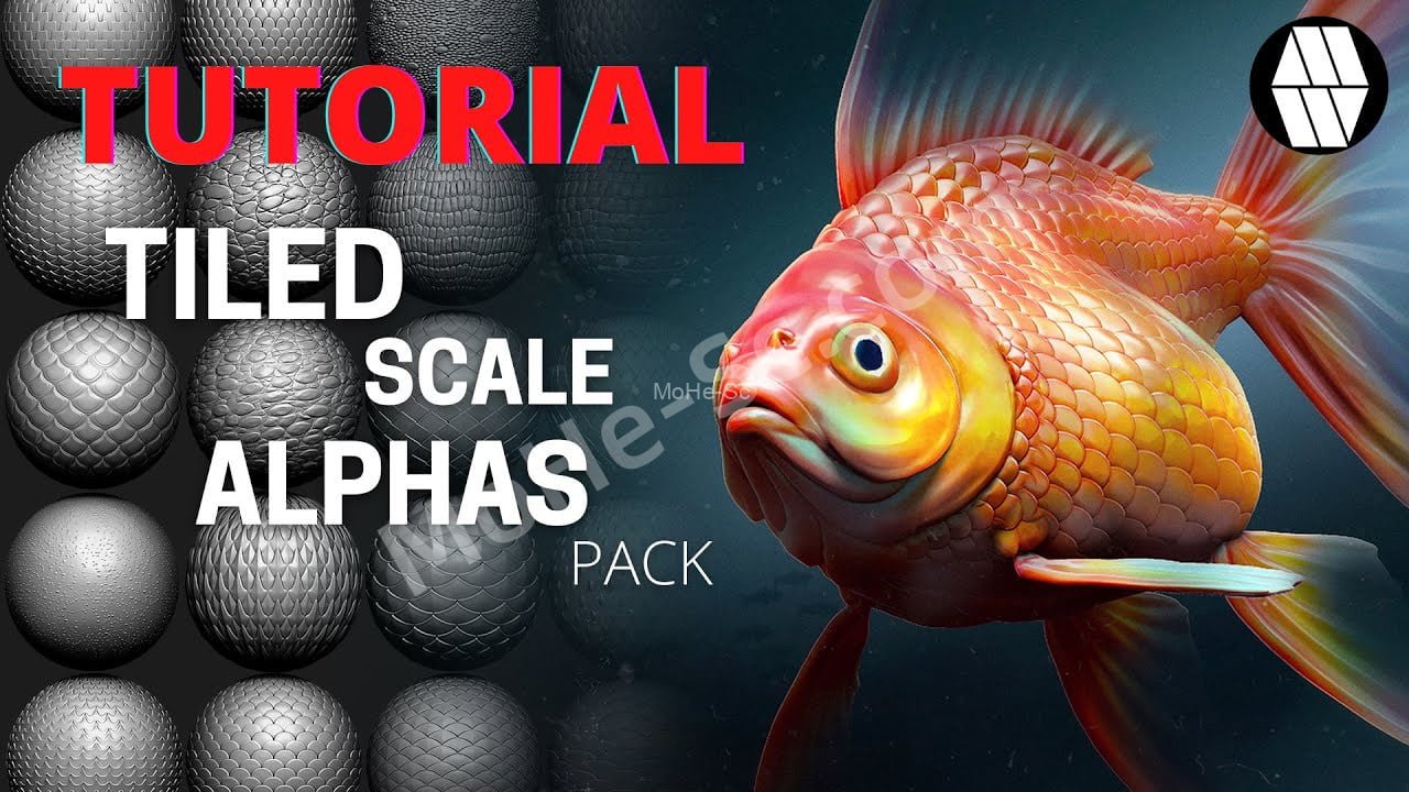 ZBrush 20套定制的鱼鳞龙鳞皮肤Alpha笔刷 20 Tile Scale Alpha Tutorial