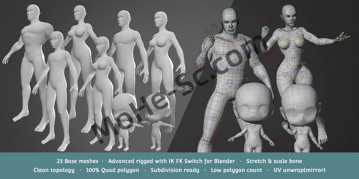 Blender基础人物角色模型绑定工具包 Base Meshes Character Starter Kit + Rig V2.7 For Blender 2.8+