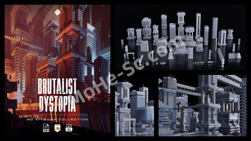 Brutalist Dystopia – 3D Kitbash Pack 62个野兽派风格楼房建筑3D模型，4K分辨率贴图材质 [Blender/FBX/OBJ格式]