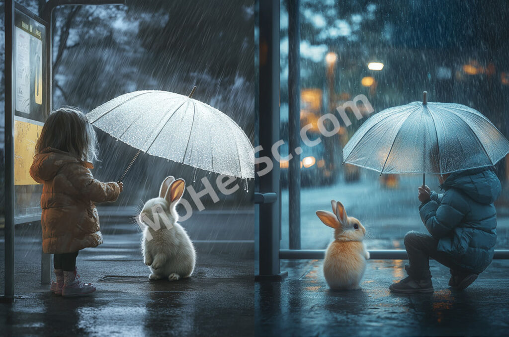 Midjourney 小孩撑着伞，为一只可爱的小兔子遮风挡雨，天空飘着细雨 提示词